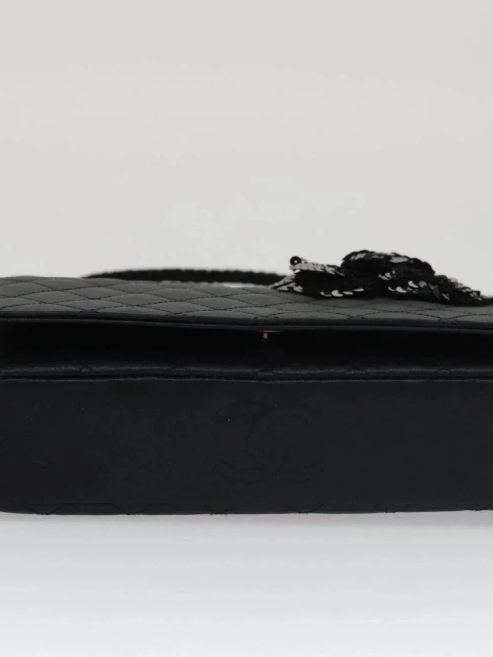CHANEL Matelasse Sequin Flower Shoulder Bag Satin Black CC Auth 99855V